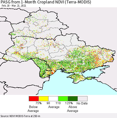 Ukraine, Moldova and Belarus PASG from 1-Month Cropland NDVI (Terra-MODIS) Thematic Map For 3/14/2021 - 3/21/2021