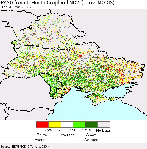 Ukraine, Moldova and Belarus PASG from 1-Month Cropland NDVI (Terra-MODIS) Thematic Map For 3/22/2021 - 3/29/2021