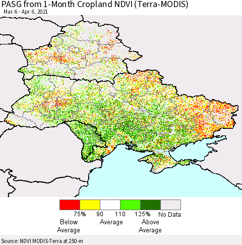 Ukraine, Moldova and Belarus PASG from 1-Month Cropland NDVI (Terra-MODIS) Thematic Map For 3/30/2021 - 4/6/2021