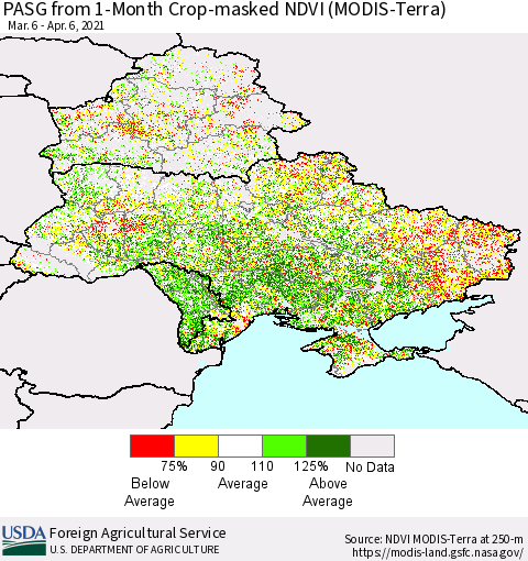 Ukraine, Moldova and Belarus PASG from 1-Month Cropland NDVI (Terra-MODIS) Thematic Map For 4/1/2021 - 4/10/2021