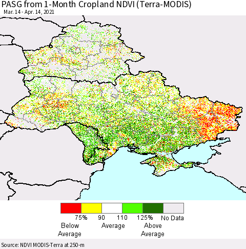 Ukraine, Moldova and Belarus PASG from 1-Month Cropland NDVI (Terra-MODIS) Thematic Map For 4/7/2021 - 4/14/2021