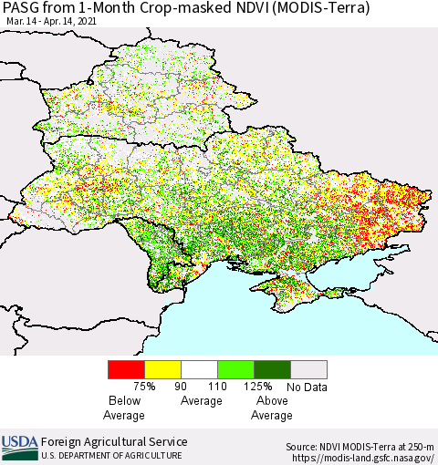 Ukraine, Moldova and Belarus PASG from 1-Month Cropland NDVI (Terra-MODIS) Thematic Map For 4/11/2021 - 4/20/2021
