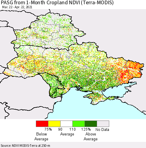Ukraine, Moldova and Belarus PASG from 1-Month Cropland NDVI (Terra-MODIS) Thematic Map For 4/15/2021 - 4/22/2021