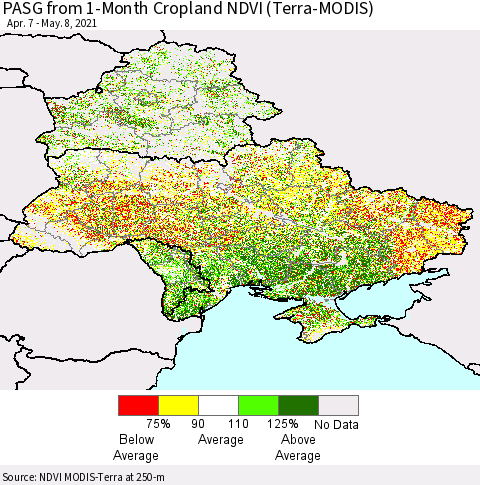 Ukraine, Moldova and Belarus PASG from 1-Month Cropland NDVI (Terra-MODIS) Thematic Map For 5/1/2021 - 5/8/2021