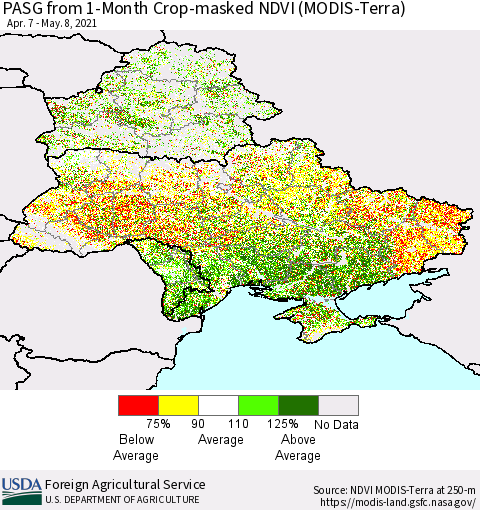 Ukraine, Moldova and Belarus PASG from 1-Month Cropland NDVI (Terra-MODIS) Thematic Map For 5/1/2021 - 5/10/2021