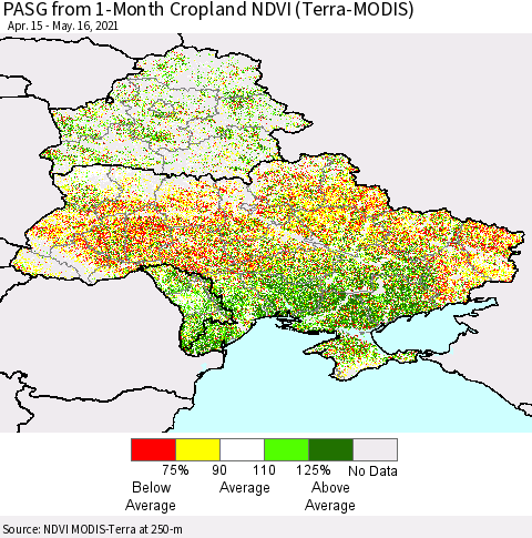 Ukraine, Moldova and Belarus PASG from 1-Month Cropland NDVI (Terra-MODIS) Thematic Map For 5/9/2021 - 5/16/2021