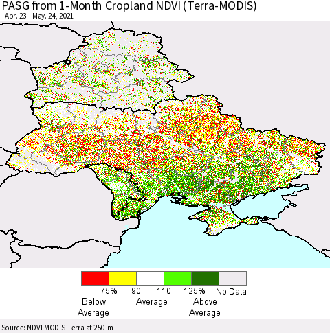 Ukraine, Moldova and Belarus PASG from 1-Month Cropland NDVI (Terra-MODIS) Thematic Map For 5/17/2021 - 5/24/2021
