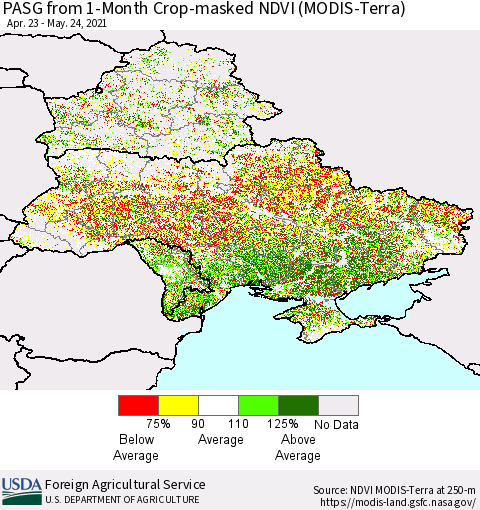 Ukraine, Moldova and Belarus PASG from 1-Month Cropland NDVI (Terra-MODIS) Thematic Map For 5/21/2021 - 5/31/2021