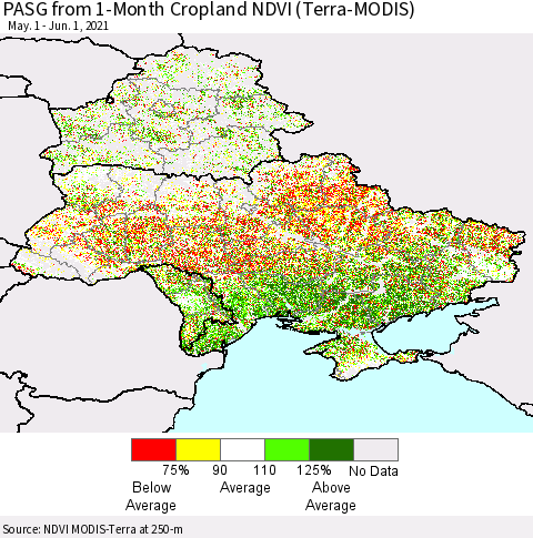Ukraine, Moldova and Belarus PASG from 1-Month Cropland NDVI (Terra-MODIS) Thematic Map For 5/25/2021 - 6/1/2021