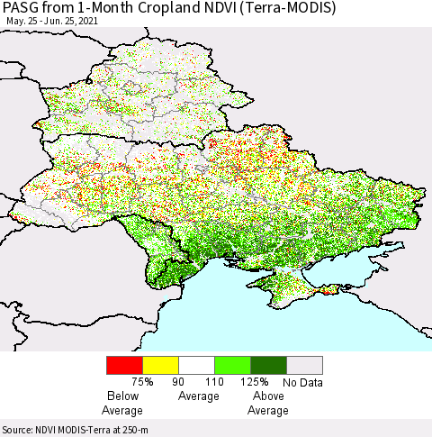 Ukraine, Moldova and Belarus PASG from 1-Month Cropland NDVI (Terra-MODIS) Thematic Map For 6/18/2021 - 6/25/2021