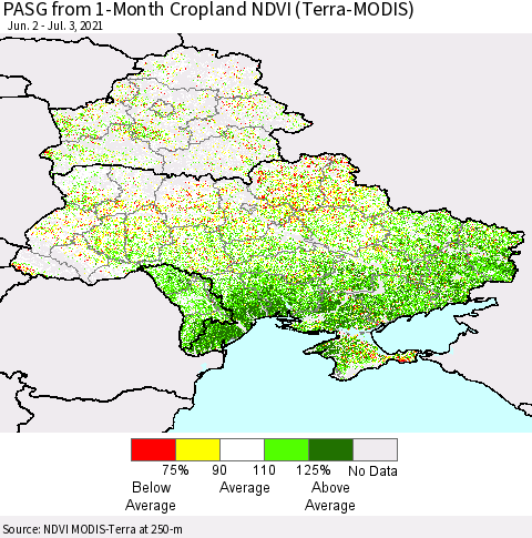 Ukraine, Moldova and Belarus PASG from 1-Month Cropland NDVI (Terra-MODIS) Thematic Map For 6/26/2021 - 7/3/2021