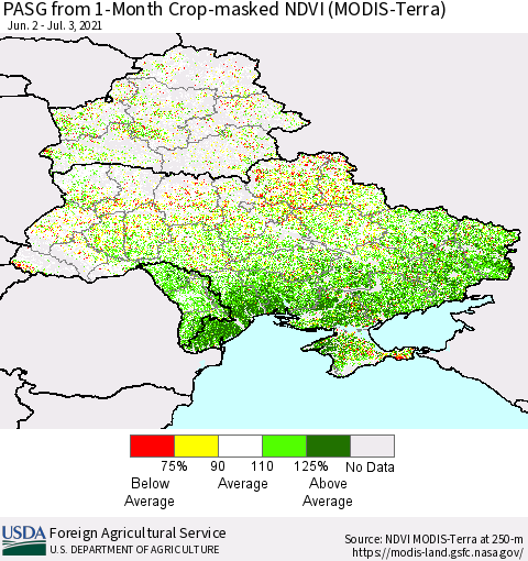Ukraine, Moldova and Belarus PASG from 1-Month Cropland NDVI (Terra-MODIS) Thematic Map For 7/1/2021 - 7/10/2021