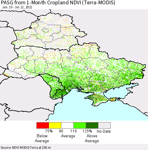 Ukraine, Moldova and Belarus PASG from 1-Month Cropland NDVI (Terra-MODIS) Thematic Map For 7/4/2021 - 7/11/2021