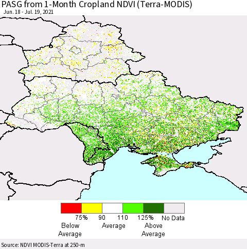 Ukraine, Moldova and Belarus PASG from 1-Month Cropland NDVI (Terra-MODIS) Thematic Map For 7/12/2021 - 7/19/2021