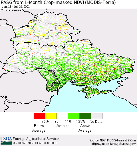 Ukraine, Moldova and Belarus PASG from 1-Month Cropland NDVI (Terra-MODIS) Thematic Map For 7/11/2021 - 7/20/2021