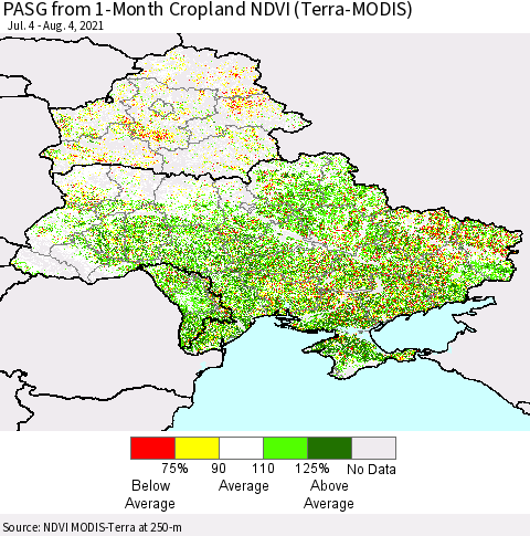 Ukraine, Moldova and Belarus PASG from 1-Month Cropland NDVI (Terra-MODIS) Thematic Map For 7/28/2021 - 8/4/2021