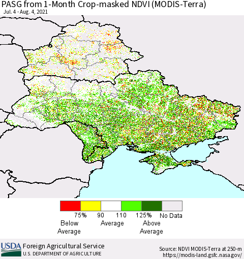 Ukraine, Moldova and Belarus PASG from 1-Month Cropland NDVI (Terra-MODIS) Thematic Map For 8/1/2021 - 8/10/2021