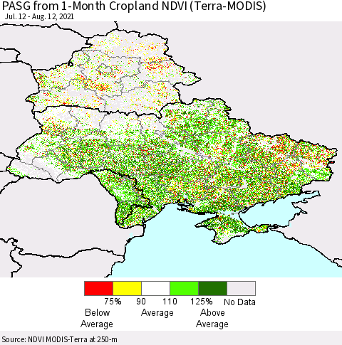 Ukraine, Moldova and Belarus PASG from 1-Month Cropland NDVI (Terra-MODIS) Thematic Map For 8/5/2021 - 8/12/2021