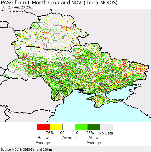 Ukraine, Moldova and Belarus PASG from 1-Month Cropland NDVI (Terra-MODIS) Thematic Map For 8/13/2021 - 8/20/2021