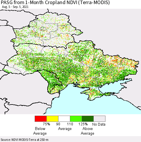 Ukraine, Moldova and Belarus PASG from 1-Month Cropland NDVI (Terra-MODIS) Thematic Map For 8/29/2021 - 9/5/2021