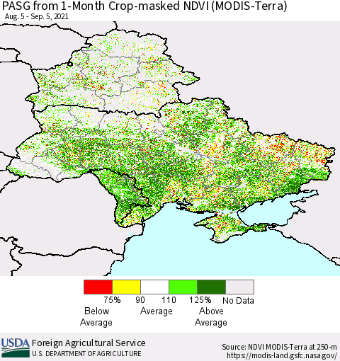 Ukraine, Moldova and Belarus PASG from 1-Month Cropland NDVI (Terra-MODIS) Thematic Map For 9/1/2021 - 9/10/2021