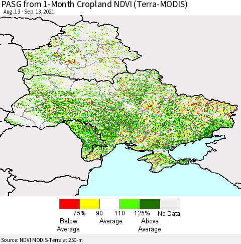 Ukraine, Moldova and Belarus PASG from 1-Month Cropland NDVI (Terra-MODIS) Thematic Map For 9/6/2021 - 9/13/2021