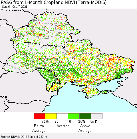 Ukraine, Moldova and Belarus PASG from 1-Month Cropland NDVI (Terra-MODIS) Thematic Map For 9/30/2021 - 10/7/2021