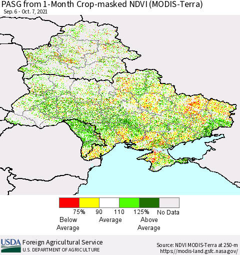 Ukraine, Moldova and Belarus PASG from 1-Month Cropland NDVI (Terra-MODIS) Thematic Map For 10/1/2021 - 10/10/2021