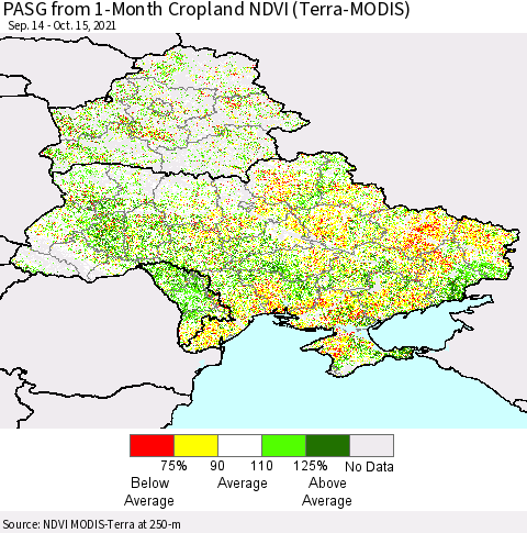 Ukraine, Moldova and Belarus PASG from 1-Month Cropland NDVI (Terra-MODIS) Thematic Map For 10/8/2021 - 10/15/2021