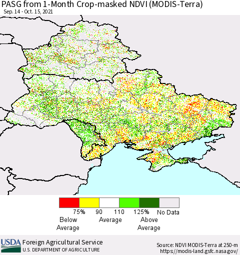 Ukraine, Moldova and Belarus PASG from 1-Month Cropland NDVI (Terra-MODIS) Thematic Map For 10/11/2021 - 10/20/2021