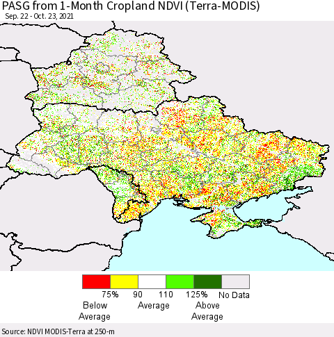 Ukraine, Moldova and Belarus PASG from 1-Month Cropland NDVI (Terra-MODIS) Thematic Map For 10/16/2021 - 10/23/2021