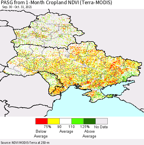 Ukraine, Moldova and Belarus PASG from 1-Month Cropland NDVI (Terra-MODIS) Thematic Map For 10/21/2021 - 10/31/2021