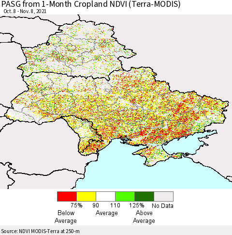 Ukraine, Moldova and Belarus PASG from 1-Month Cropland NDVI (Terra-MODIS) Thematic Map For 11/1/2021 - 11/8/2021