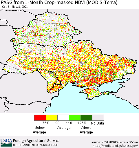 Ukraine, Moldova and Belarus PASG from 1-Month Cropland NDVI (Terra-MODIS) Thematic Map For 11/1/2021 - 11/10/2021