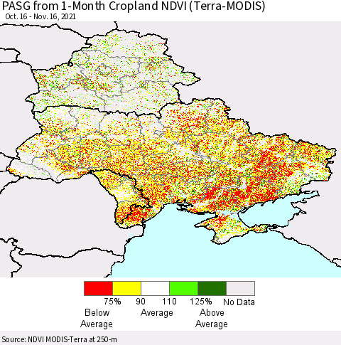 Ukraine, Moldova and Belarus PASG from 1-Month Cropland NDVI (Terra-MODIS) Thematic Map For 11/9/2021 - 11/16/2021