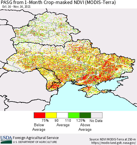 Ukraine, Moldova and Belarus PASG from 1-Month Cropland NDVI (Terra-MODIS) Thematic Map For 11/11/2021 - 11/20/2021