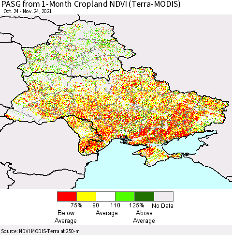 Ukraine, Moldova and Belarus PASG from 1-Month Cropland NDVI (Terra-MODIS) Thematic Map For 11/17/2021 - 11/24/2021