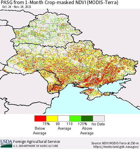 Ukraine, Moldova and Belarus PASG from 1-Month Cropland NDVI (Terra-MODIS) Thematic Map For 11/21/2021 - 11/30/2021
