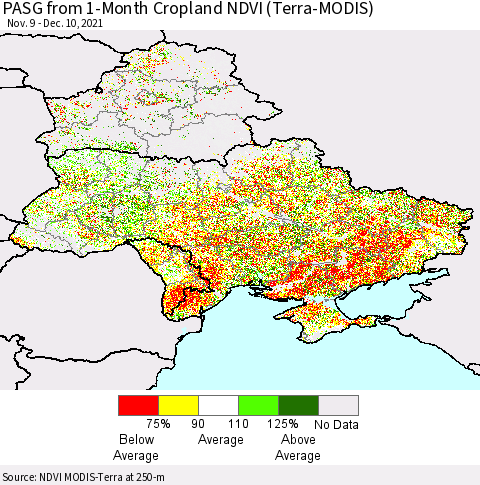 Ukraine, Moldova and Belarus PASG from 1-Month Cropland NDVI (Terra-MODIS) Thematic Map For 12/1/2021 - 12/10/2021