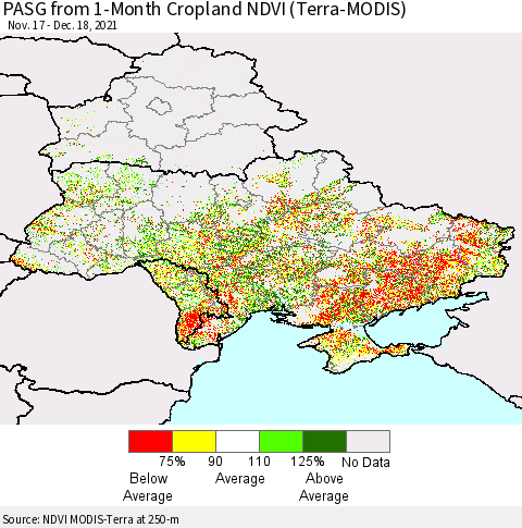 Ukraine, Moldova and Belarus PASG from 1-Month Cropland NDVI (Terra-MODIS) Thematic Map For 12/11/2021 - 12/18/2021