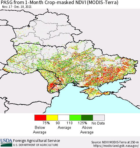 Ukraine, Moldova and Belarus PASG from 1-Month Cropland NDVI (Terra-MODIS) Thematic Map For 12/11/2021 - 12/20/2021
