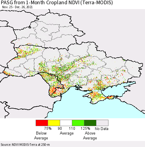 Ukraine, Moldova and Belarus PASG from 1-Month Cropland NDVI (Terra-MODIS) Thematic Map For 12/19/2021 - 12/26/2021