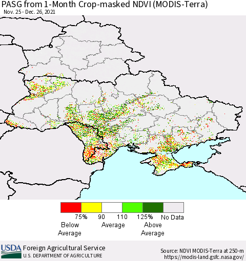 Ukraine, Moldova and Belarus PASG from 1-Month Cropland NDVI (Terra-MODIS) Thematic Map For 12/21/2021 - 12/31/2021