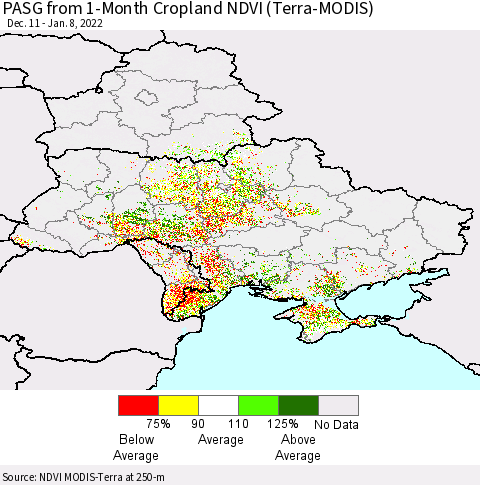 Ukraine, Moldova and Belarus PASG from 1-Month Cropland NDVI (Terra-MODIS) Thematic Map For 1/1/2022 - 1/8/2022