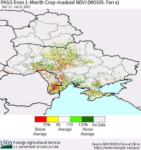 Ukraine, Moldova and Belarus PASG from 1-Month Cropland NDVI (Terra-MODIS) Thematic Map For 1/1/2022 - 1/10/2022