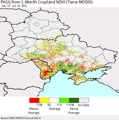 Ukraine, Moldova and Belarus PASG from 1-Month Cropland NDVI (Terra-MODIS) Thematic Map For 1/9/2022 - 1/16/2022