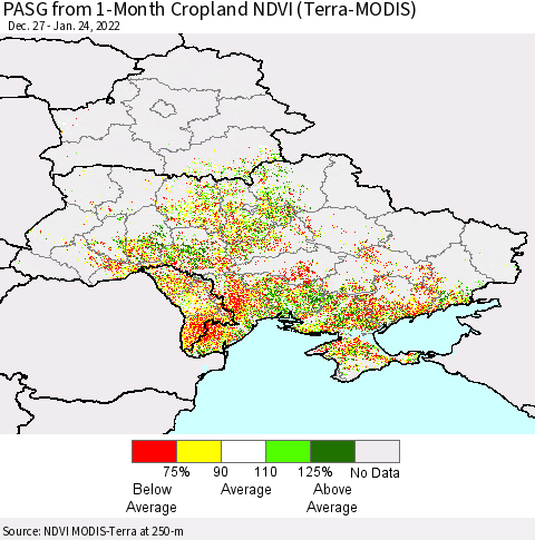 Ukraine, Moldova and Belarus PASG from 1-Month Cropland NDVI (Terra-MODIS) Thematic Map For 1/17/2022 - 1/24/2022