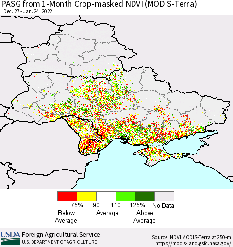 Ukraine, Moldova and Belarus PASG from 1-Month Cropland NDVI (Terra-MODIS) Thematic Map For 1/21/2022 - 1/31/2022
