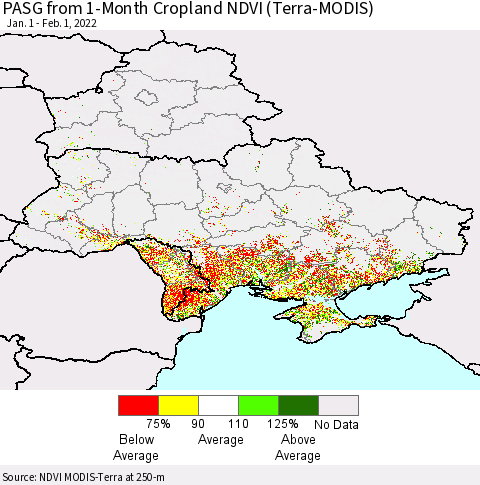 Ukraine, Moldova and Belarus PASG from 1-Month Cropland NDVI (Terra-MODIS) Thematic Map For 1/25/2022 - 2/1/2022