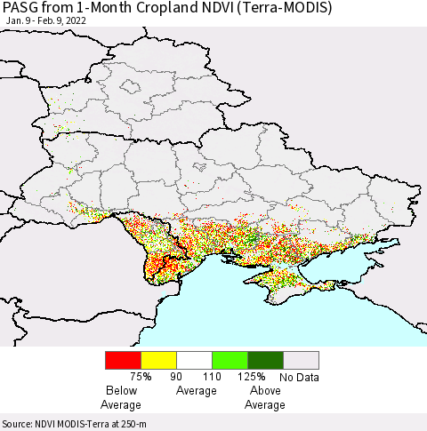 Ukraine, Moldova and Belarus PASG from 1-Month Cropland NDVI (Terra-MODIS) Thematic Map For 2/2/2022 - 2/9/2022